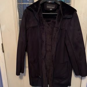 Kenneth Cole black faux shearling coat,3:4 length, zip hoodie,large